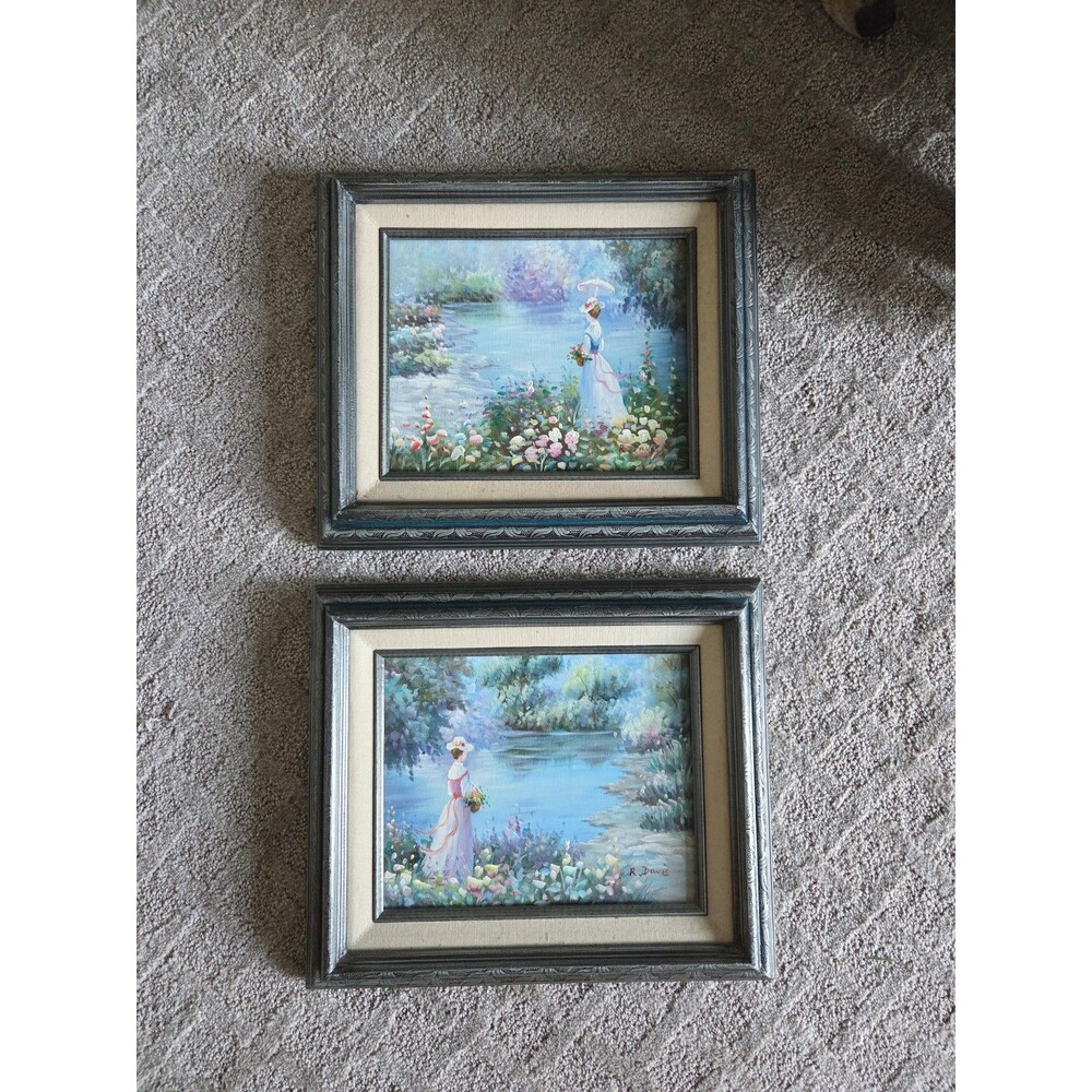 Vintage Framed Floral Garden Lady Prints by R. Dowie – Set of 2